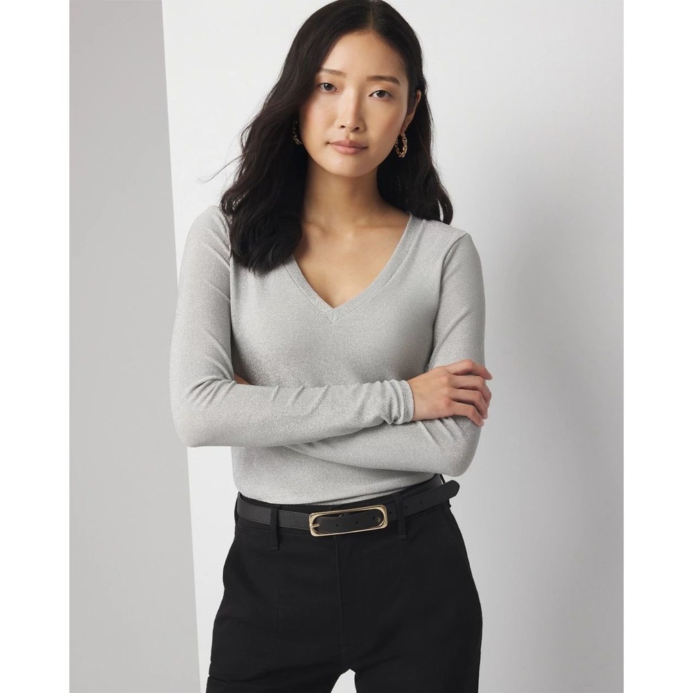 White House Black Market Lunar Metallic Sparkle Knit V-Neck Top XL 570376967